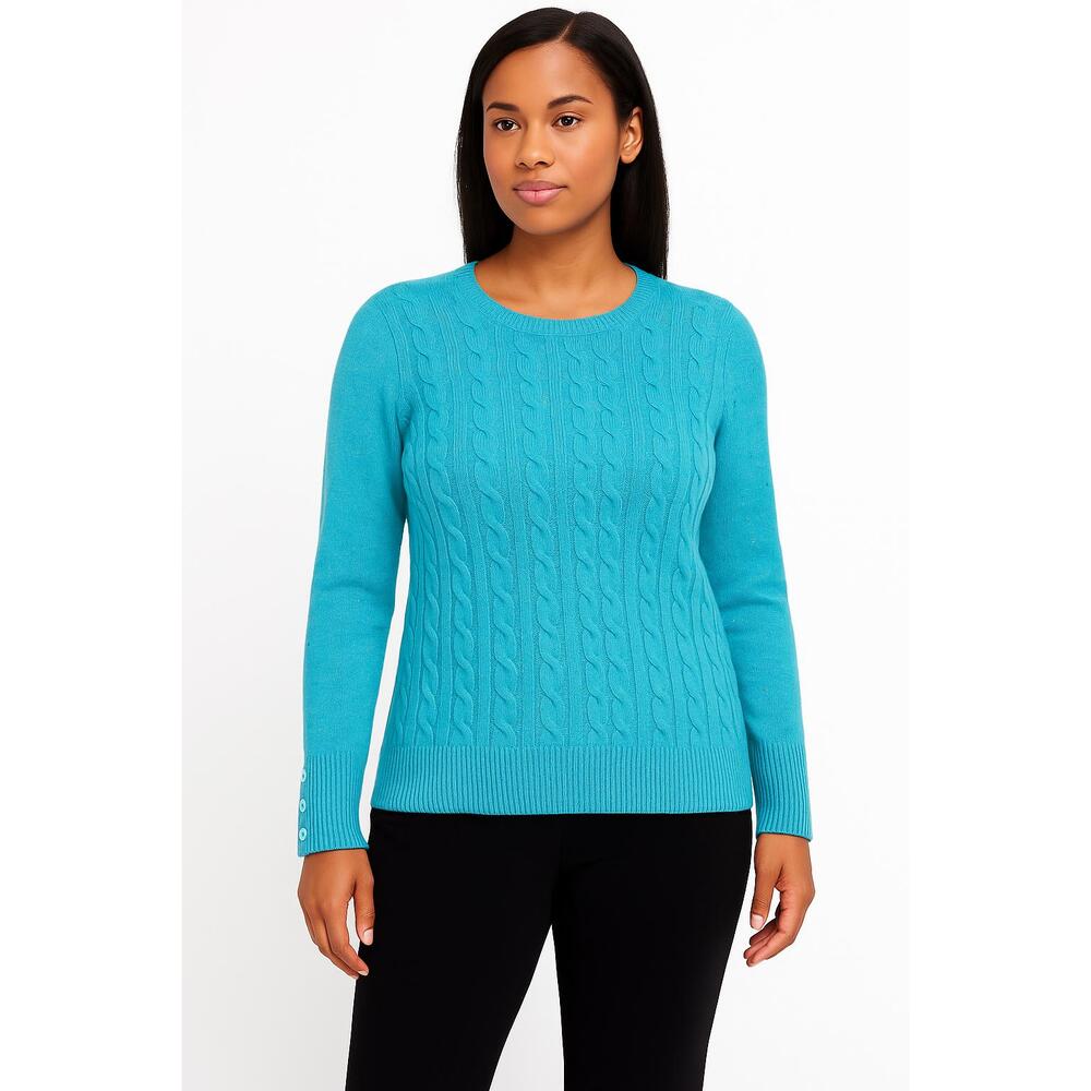 Talbots Blue Cable Knit Long Sleeves Button Detailing Pullover Sweater Large